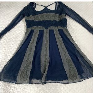 Free People midnight blue grey lace embroidered twirl dress S RARE